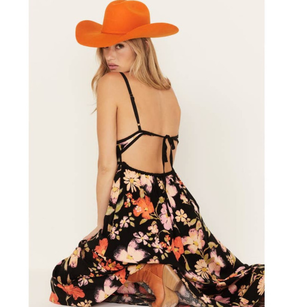 Free People Black Floral Maxi Dress with Orange and Pink Flowers